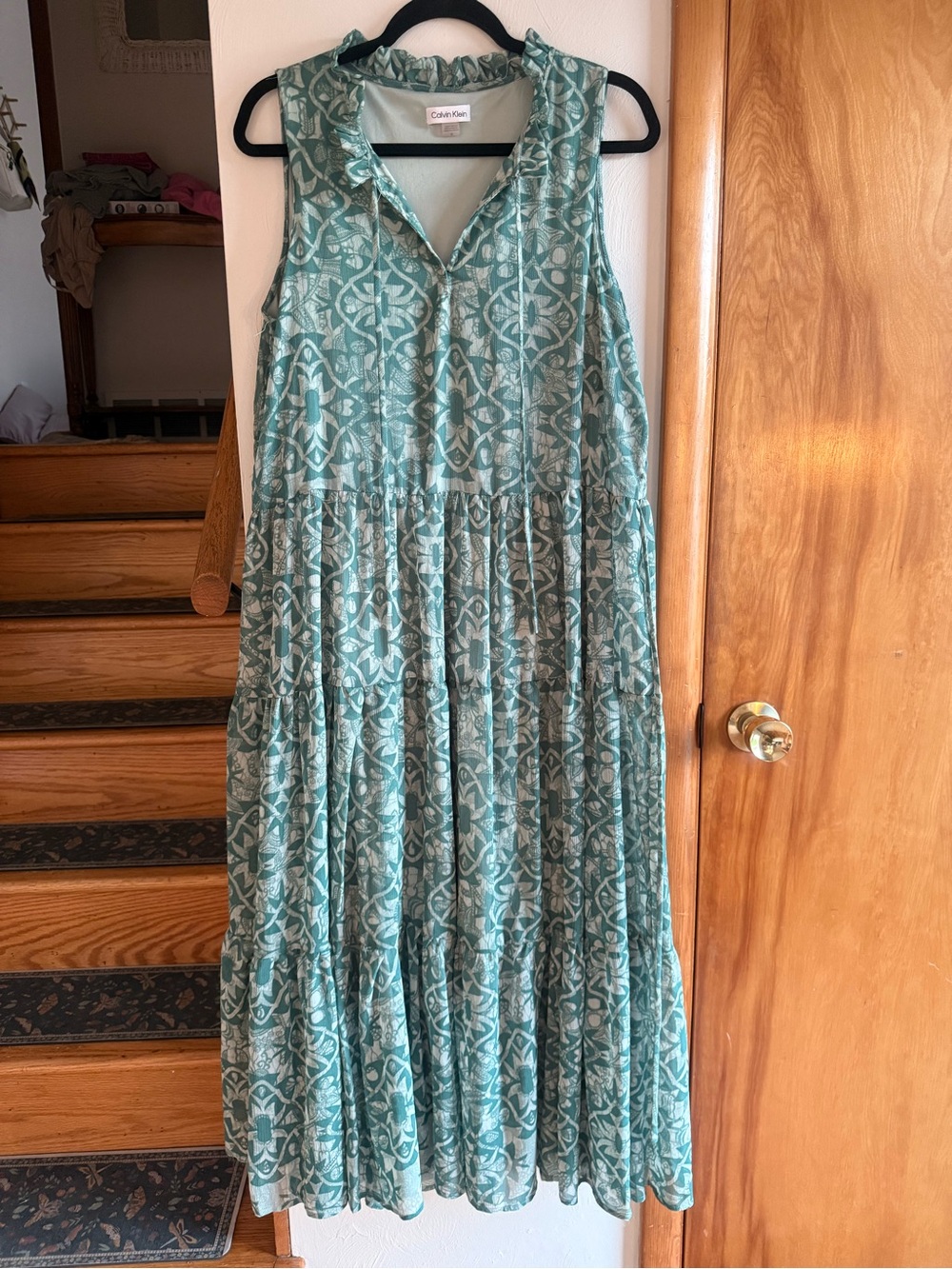 Calvin Klein Teal Printed Sleeveless Tiered Maxi Dress